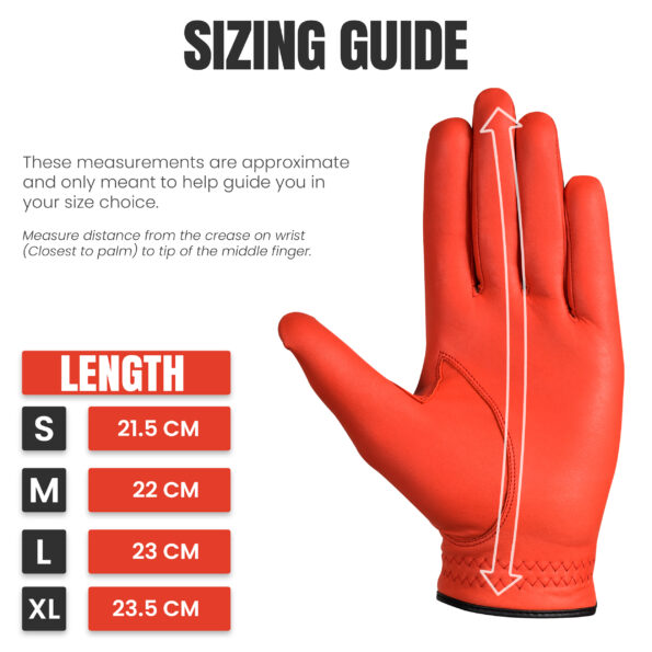 Sizing Chart for sizing guide of RMG Co Genuine Cabretta Leather Red Golf Glove