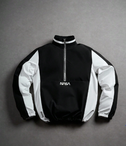 (NASA) Sporsity Men's Sportswear Varsity Jacket, Color Block Half Zip Stand Collar Jacket With Letter Graphic, Adjustable Drawstring Hem, Suitable For Daily Wear,