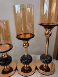 Luxury Gold Candle Holder Set of 3 - Emerald Green Marble Accents with Amber Glass Chimneys - Elegant Pillar Candle Stands for Wedding & Home Decor