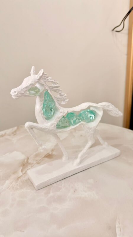 White Horse Statue with Emerald Green Crystals - Modern Horse Sculpture for Home Decor, Crystal Embedded Stallion Figurine