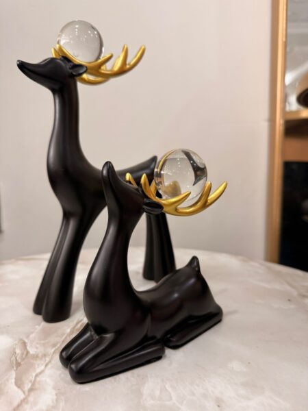 Elegant Black and Gold Deer Figurine Set - Modern Reindeer Sculpture with Crystal Ball - Luxury Nordic Home Decor for Living Room Shelf and Office