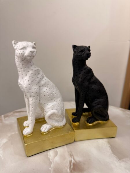 Modern Leopard Figurine Set - Black and White Cheetah Sculptures on Gold Bases - Luxury Animal Bookends & Home Decor Accents
