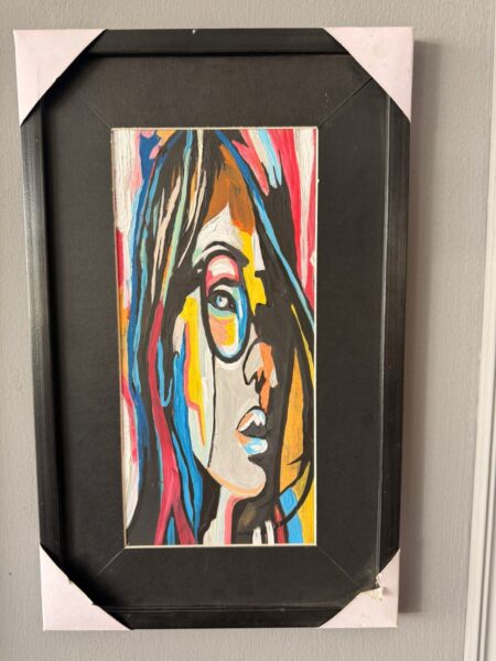 Colorful Abstract Woman Portrait Painting - Modern Pop Art Female Face Canvas - Vibrant Textured Wall Art with Sleek Black Frame for Living Room