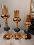 Luxury Gold Candle Holder Set of 3 - Emerald Green Marble Accents with Amber Glass Chimneys - Elegant Pillar Candle Stands for Wedding & Home Decor