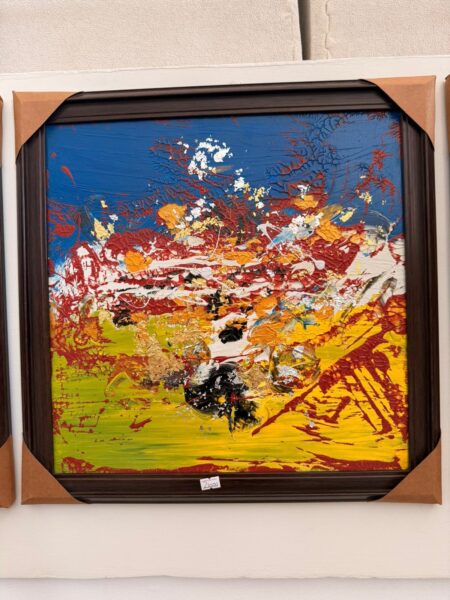 Vibrant Abstract Landscape Acrylic Painting - Textured Blue and Yellow Canvas Art - Modern Heavy Impasto Nature Floral Artwork with Dark Wood Frame